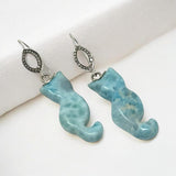Rare Larimar Cat Earrings, Handcarved Cat Shape Larimar Gemstone Earrings, Pave Diamond Sterling Silver Dangle Earrings, Cat Lover Gifts