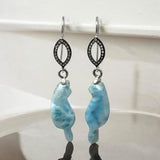 Rare Larimar Cat Earrings, Handcarved Cat Shape Larimar Gemstone Earrings, Pave Diamond Sterling Silver Dangle Earrings, Cat Lover Gifts