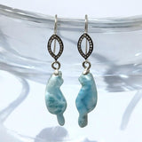 Rare Larimar Cat Earrings, Handcarved Cat Shape Larimar Gemstone Earrings, Pave Diamond Sterling Silver Dangle Earrings, Cat Lover Gifts
