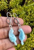 Rare Larimar Cat Earrings, Handcarved Cat Shape Larimar Gemstone Earrings, Pave Diamond Sterling Silver Dangle Earrings, Cat Lover Gifts