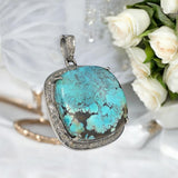 Turquoise Pave Diamond Pendant, Tibetan Turquoise Pendant, Spiritual Healing Gemstone Jewelry, Throat Chakra Pendant, December Birthstone