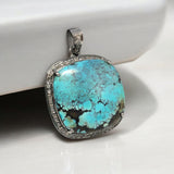 Turquoise Pave Diamond Pendant, Tibetan Turquoise Pendant, Spiritual Healing Gemstone Jewelry, Throat Chakra Pendant, December Birthstone