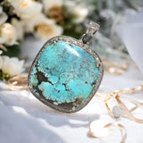 Turquoise Pave Diamond Pendant, Tibetan Turquoise Pendant, Spiritual Healing Gemstone Jewelry, Throat Chakra Pendant, December Birthstone