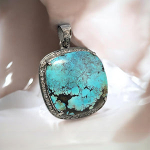 Turquoise Pave Diamond Pendant, Tibetan Turquoise Pendant, Spiritual Healing Gemstone Jewelry, Throat Chakra Pendant, December Birthstone