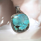 Turquoise Pave Diamond Pendant, Tibetan Turquoise Pendant, Spiritual Healing Gemstone Jewelry, Throat Chakra Pendant, December Birthstone