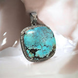 Turquoise Pave Diamond Pendant, Tibetan Turquoise Pendant, Spiritual Healing Gemstone Jewelry, Throat Chakra Pendant, December Birthstone
