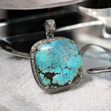 Turquoise Pave Diamond Pendant, Tibetan Turquoise Pendant, Spiritual Healing Gemstone Jewelry, Throat Chakra Pendant, December Birthstone