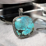 Turquoise Pave Diamond Pendant, Tibetan Turquoise Pendant, Spiritual Healing Gemstone Jewelry, Throat Chakra Pendant, December Birthstone
