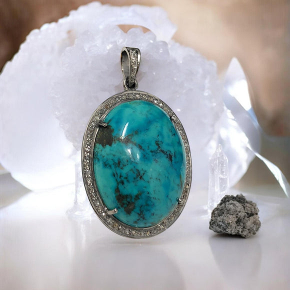 Silver Turquoise Pendant Pave Diamond Pendant, Throat Chakra Healing December Birthstone Jewelry, Spiritual Crystal Pendant, Gifts for Her