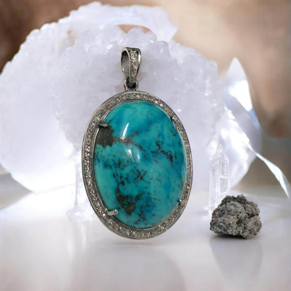Silver Turquoise Pendant Pave Diamond Pendant, Throat Chakra Healing December Birthstone Jewelry, Spiritual Crystal Pendant, Gifts for Her