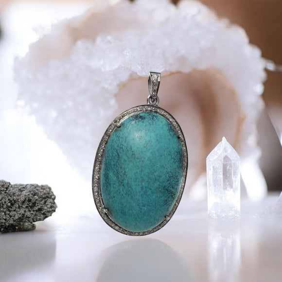 Turquoise Pendant, Silver Pave Diamond Tibetian Turquoise Pendant, Spiritual Chakra Healing Crystal Gemstone Jewelry, December Birthstone