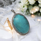 Turquoise Pendant, Silver Pave Diamond Tibetian Turquoise Pendant, Spiritual Chakra Healing Crystal Gemstone Jewelry, December Birthstone