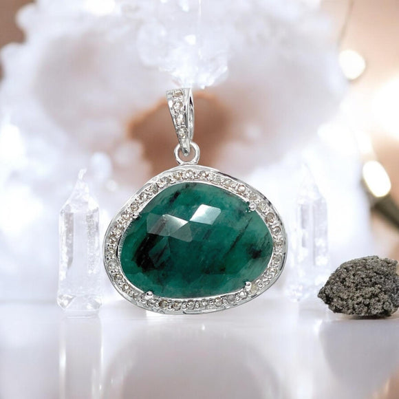 Emerald Pendant, May Birthstone Silver Pave Diamond Crystal Pendant, Heart Chakra Balancing Healing Jewelry, Spiritual Gemstone Pendant Gift
