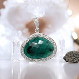 Emerald Pendant, May Birthstone Silver Pave Diamond Crystal Pendant, Heart Chakra Balancing Healing Jewelry, Spiritual Gemstone Pendant Gift