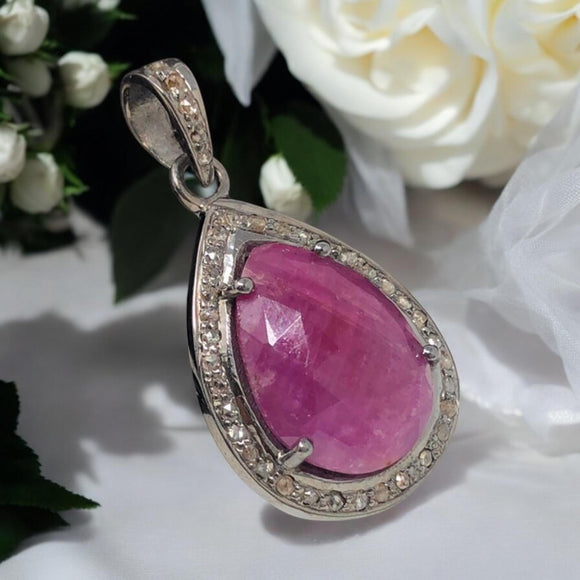 Pink Sapphire Diamond Pendant, Sterling Silver Gemstone Pendant, Pave Diamond Pendant, Natural Sapphire Gemstone Jewelry, Gifts for Her