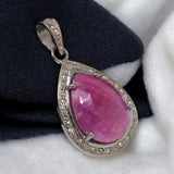 Pink Sapphire Diamond Pendant, Sterling Silver Gemstone Pendant, Pave Diamond Pendant, Natural Sapphire Gemstone Jewelry, Gifts for Her