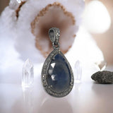 Natural Blue Sapphire Pave Diamond Pendant, Silver Pendant, Spiritual Healing Chakra Gemstone Jewelry, September Birthstone Crystal Pendant