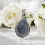 Natural Blue Sapphire Pave Diamond Pendant, Silver Pendant, Spiritual Healing Chakra Gemstone Jewelry, September Birthstone Crystal Pendant