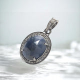 Natural Blue Sapphire Pendant, Silver Pave Diamond Chakra Healing Pendant, Spiritual Crystal Jewelry, September Birthstone Gemstone Jewelry