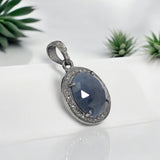 Natural Blue Sapphire Pendant, Silver Pave Diamond Chakra Healing Pendant, Spiritual Crystal Jewelry, September Birthstone Gemstone Jewelry
