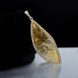 Carved Citrine Pave Diamond Pendant, Spiritual Healing November Birthstone Jewelry, Crystal Pendant, Solar Plexus Chakra Gemstone Jewelry