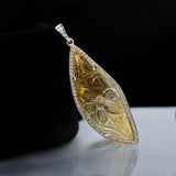 Carved Citrine Pave Diamond Pendant, Spiritual Healing November Birthstone Jewelry, Crystal Pendant, Solar Plexus Chakra Gemstone Jewelry