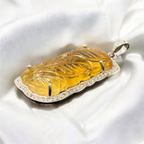 Carved Citrine Pave Diamond Gemstone Pendant, November Birthstone Silver Jewelry, Spiritual Healing Crystal Jewelry, Solar Plexus Chakra