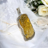 Carved Citrine Pave Diamond Gemstone Pendant, November Birthstone Silver Jewelry, Spiritual Healing Crystal Jewelry, Solar Plexus Chakra