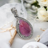 Pink Sapphire Gemstone Pendant, Silver Pave Diamond Pendant, September Birthstone, Heart Chakra Spiritual Healing Crystal Jewelry Gifts