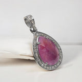 Pink Sapphire Gemstone Pendant, Silver Pave Diamond Pendant, September Birthstone, Heart Chakra Spiritual Healing Crystal Jewelry Gifts