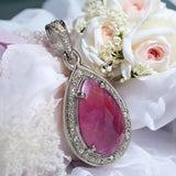 Pink Sapphire Gemstone Pendant, Silver Pave Diamond Pendant, September Birthstone, Heart Chakra Spiritual Healing Crystal Jewelry Gifts