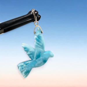 Rare Larimar Bird Pave Diamond Silver Pendant, Spiritual Jewelry, Chakra Healing Gemstone Jewelry, Calmness Crystal Pendant, Gifts for Her