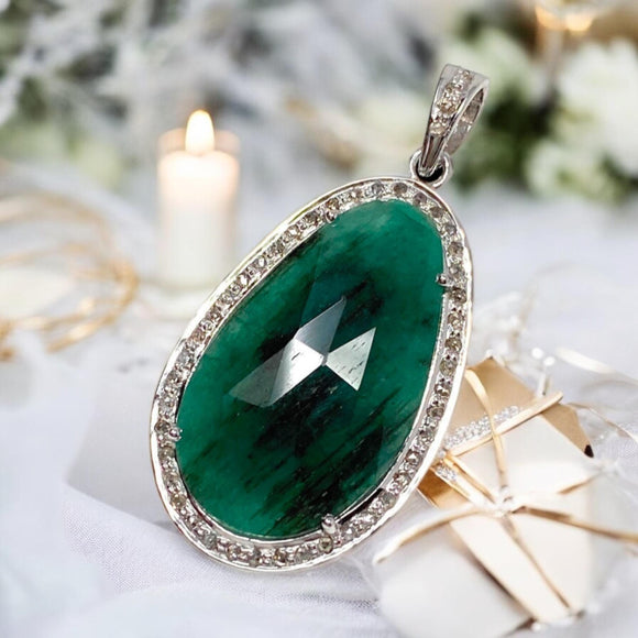 Emerald Diamond Pendant, May Birthstone Heart Chakra Healing Jewelry, Spiritual Crystal Jewelry, Handmade Silver Emerald Pendant Gifts