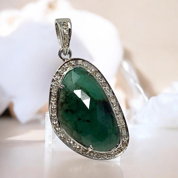 Emerald Pendant, Silver Pave Diamond Emerald Gemstone Pendant, May Birthstone Pendant, Spiritual Crystal Jewelry, Healing Chakra Jewelry