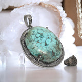 Silver Turquoise Pave Diamond Pendant, Tibetan Turquoise Gemstone Jewelry, Chakra Healing December Birthstone Pendant, Spiritual Jewelry