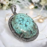 Silver Turquoise Pave Diamond Pendant, Tibetan Turquoise Gemstone Jewelry, Chakra Healing December Birthstone Pendant, Spiritual Jewelry