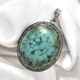 Silver Turquoise Pave Diamond Pendant, Tibetan Turquoise Gemstone Jewelry, Chakra Healing December Birthstone Pendant, Spiritual Jewelry