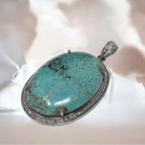Turquoise Pave Diamond Pendant, Healing Gemstone Jewelry, Spiritual Crystal Birthstone Jewelry, Silver Tibetan Turquoise Pendant Gifts