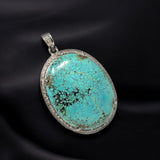 Turquoise Pave Diamond Pendant, Healing Gemstone Jewelry, Spiritual Crystal Birthstone Jewelry, Silver Tibetan Turquoise Pendant Gifts