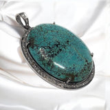 Turquoise Pave Diamond Pendant, Healing Gemstone Jewelry, Spiritual Crystal Birthstone Jewelry, Silver Tibetan Turquoise Pendant Gifts