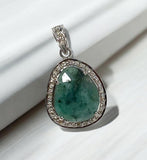 Emerald Pave Diamond Sterling Silver Pendant, May Birthstone Pendant, Heart Chakra Healing Gemstone Jewelry, Spiritual Crystal Pendant Gifts