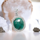 Emerald Pendant, Sterling Silver Pave Diamond Pendant, May Birthstone Pendant, Spiritual Healing Crystal Jewelry, Heart Chakra Jewelry Gift