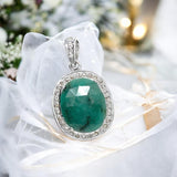 Emerald Pendant, Sterling Silver Pave Diamond Pendant, May Birthstone Pendant, Spiritual Healing Crystal Jewelry, Heart Chakra Jewelry Gift