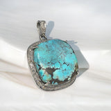 Turquoise Pave Diamond Pendant, Tibetan Turquoise Pendant, Spiritual Healing Gemstone Jewelry, Throat Chakra Pendant, December Birthstone