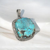 Turquoise Pave Diamond Pendant, Tibetan Turquoise Pendant, Spiritual Healing Gemstone Jewelry, Throat Chakra Pendant, December Birthstone