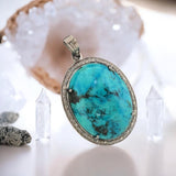 Silver Turquoise Pendant Pave Diamond Pendant, Throat Chakra Healing December Birthstone Jewelry, Spiritual Crystal Pendant, Gifts for Her