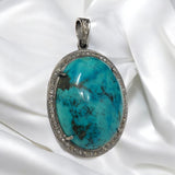 Silver Turquoise Pendant Pave Diamond Pendant, Throat Chakra Healing December Birthstone Jewelry, Spiritual Crystal Pendant, Gifts for Her