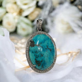 Silver Turquoise Pendant Pave Diamond Pendant, Throat Chakra Healing December Birthstone Jewelry, Spiritual Crystal Pendant, Gifts for Her
