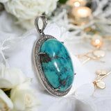 Silver Turquoise Pendant Pave Diamond Pendant, Throat Chakra Healing December Birthstone Jewelry, Spiritual Crystal Pendant, Gifts for Her