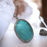 Turquoise Pendant, Silver Pave Diamond Tibetian Turquoise Pendant, Spiritual Chakra Healing Crystal Gemstone Jewelry, December Birthstone